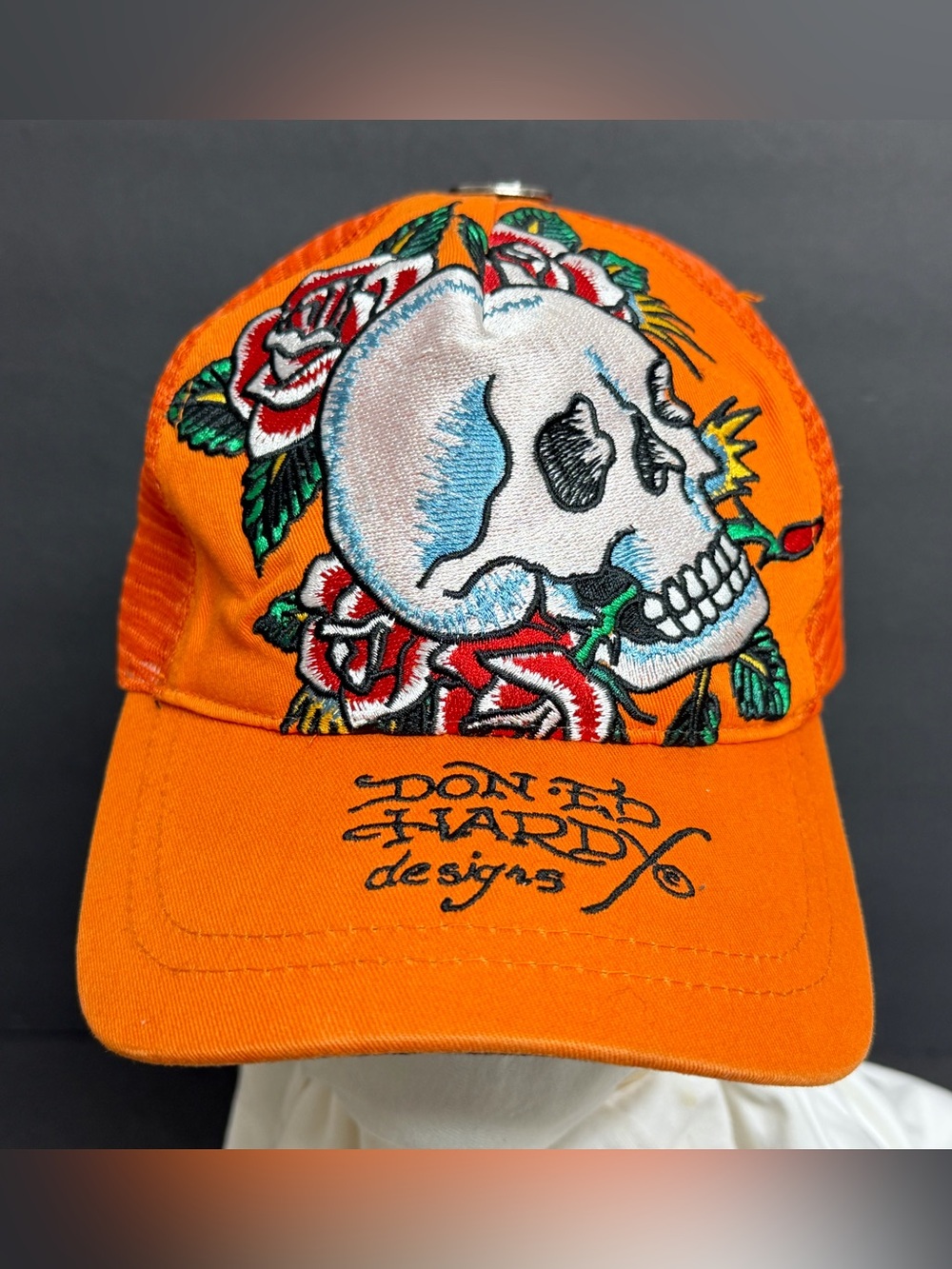 Vintage Ed Hardy Orange Mesh Back Adjustable Trucker Hat Skull Rose 🔥🔥